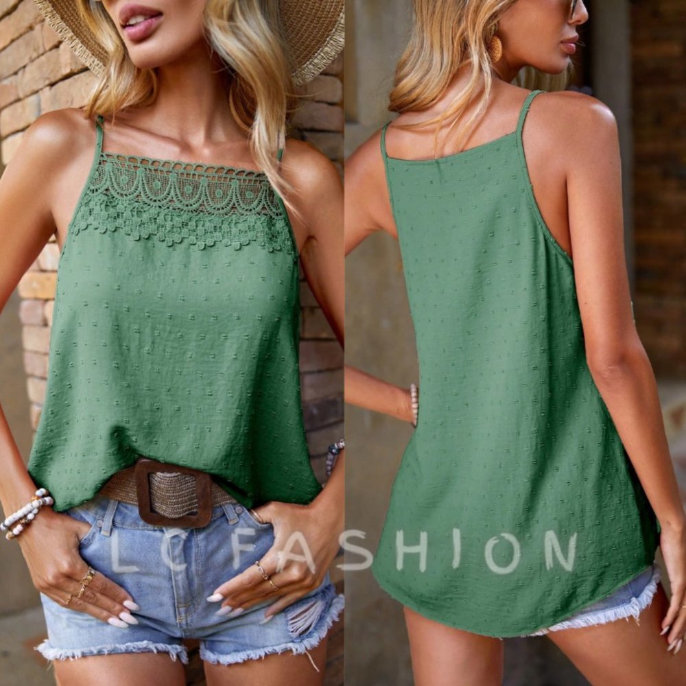 Sleeveless Lace Cami Top, Swiss Dot Contrast Lace Cami Top, Summer top